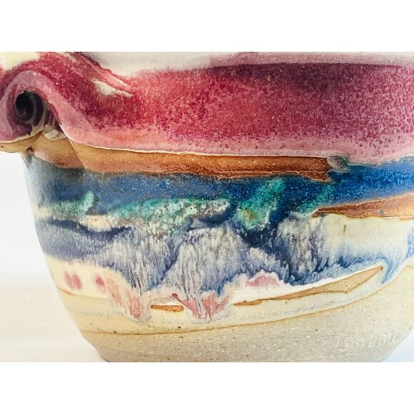 Studio Art Pottery Signed White Salmon Bowl w/ Lid Blue Pink Handle Dip Mixing - Picture 5 of 9